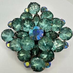 Vintage gold tone aqua blue aurora borealis AB glass rhinestones layered brooch